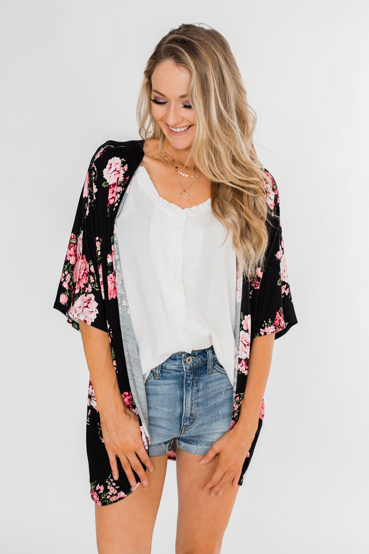 You Make Me Speechless Floral Kimono- Black