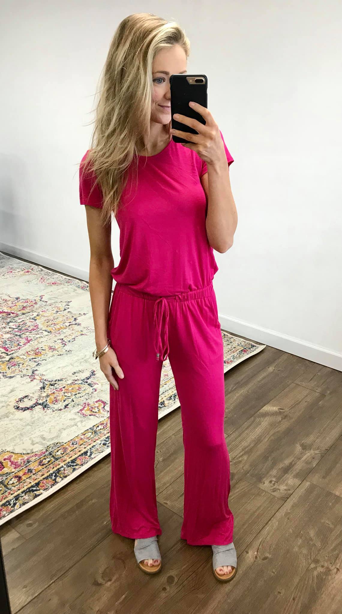 Short Sleeve Drawstring Jumpsuit- Fuchsia