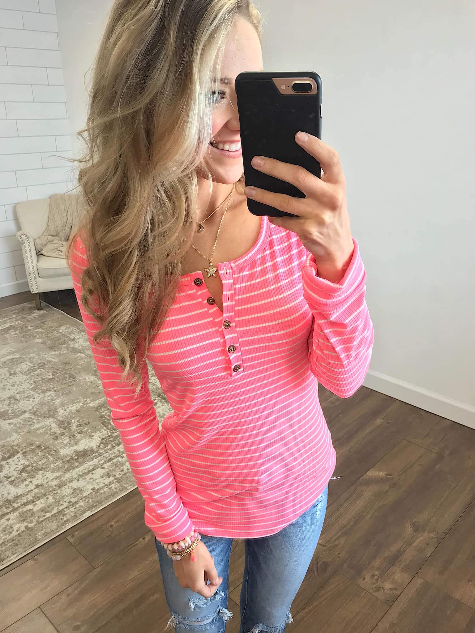 Happy As Can Be Striped Henley Top- Cheerful Pink