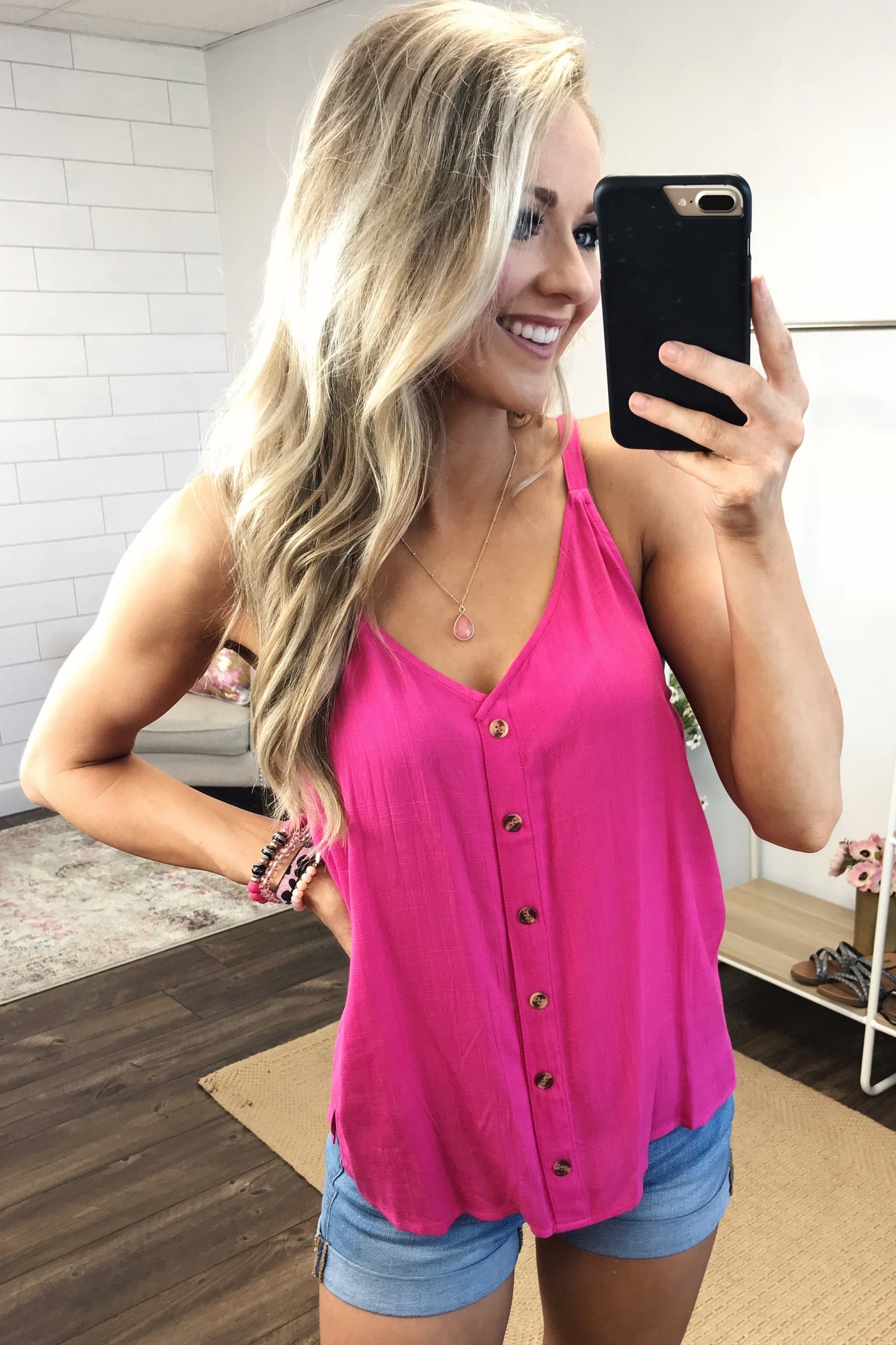 Always Choose You Button Tank Top- Hot Pink