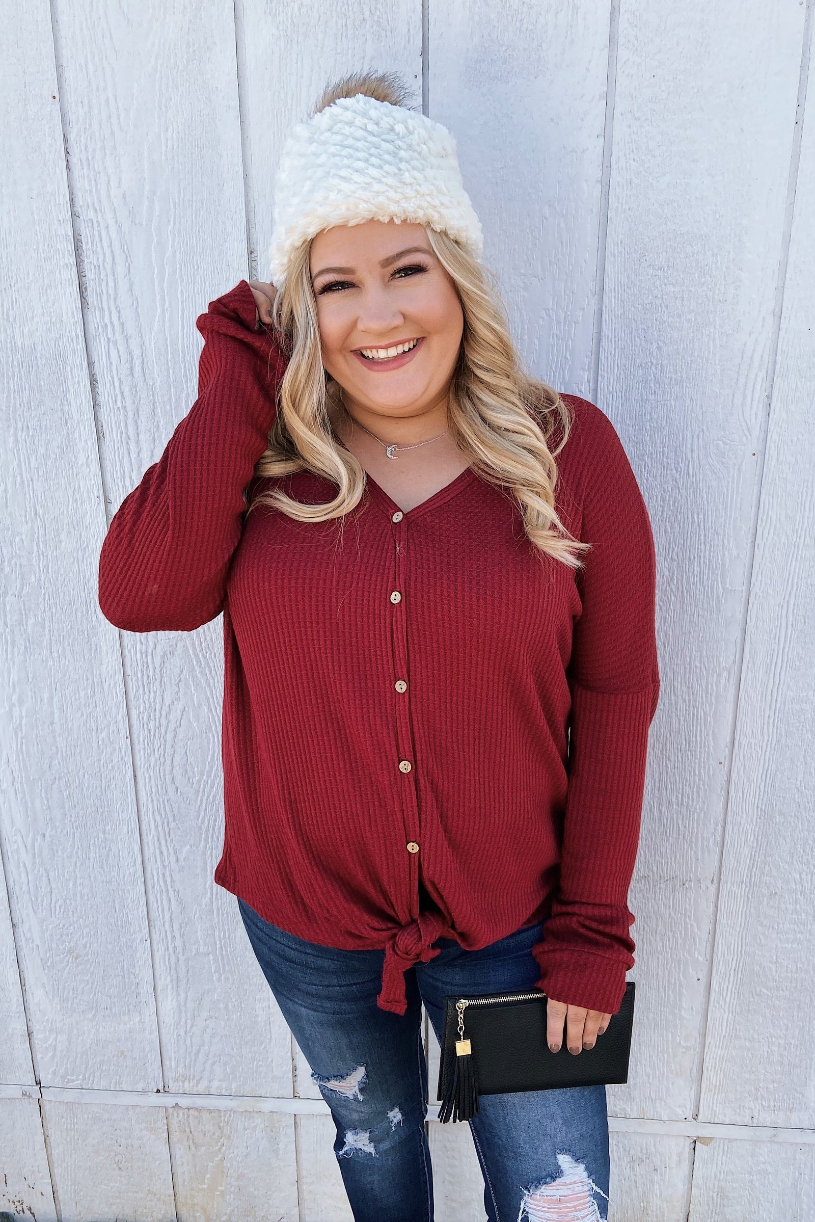 Thermal Button Knot Top- Red