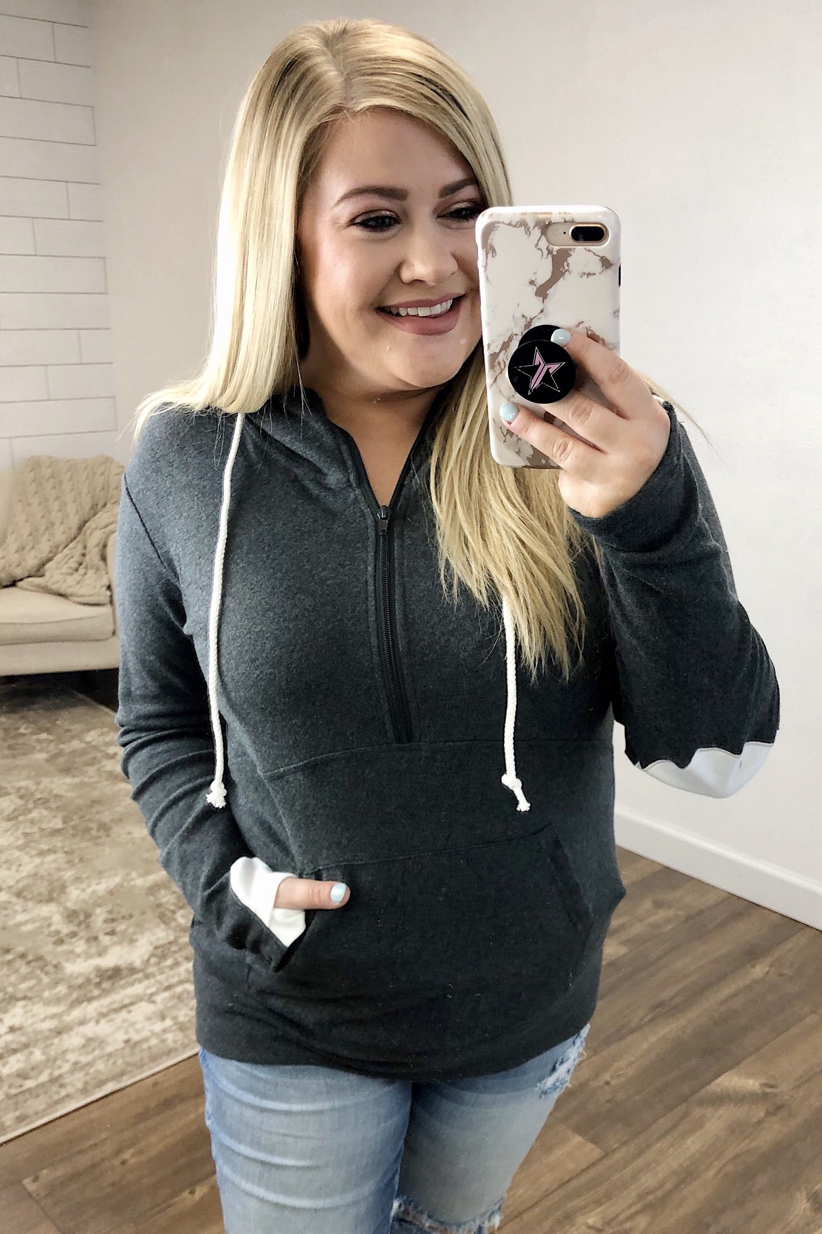 Heart Elbow Patch Half-Zip Ampersand- Charcoal