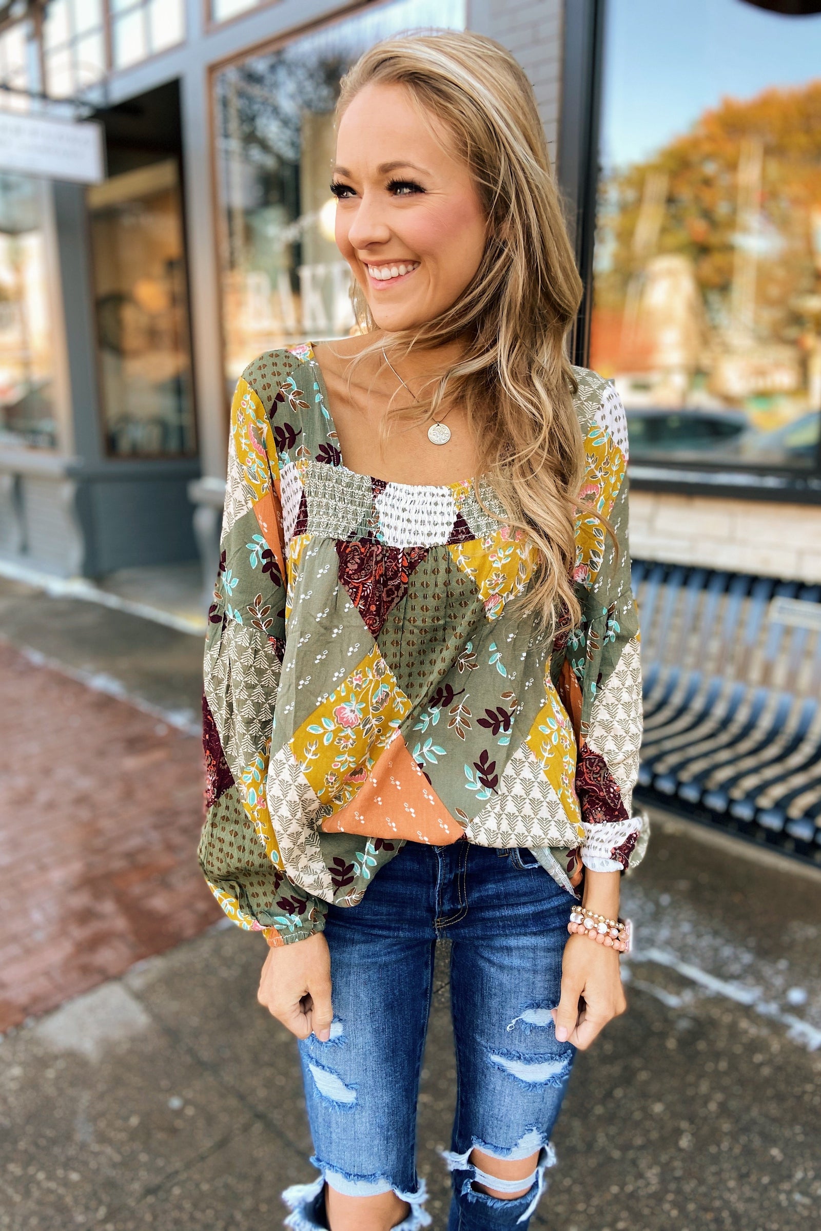 Wandering Free Printed Blouse- Olive Tones