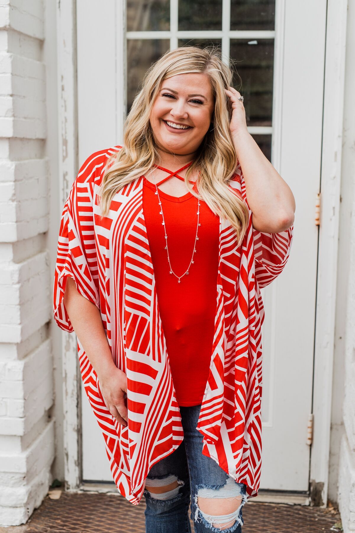 Radiant in Red Short Sleeve Kimono- Ivory