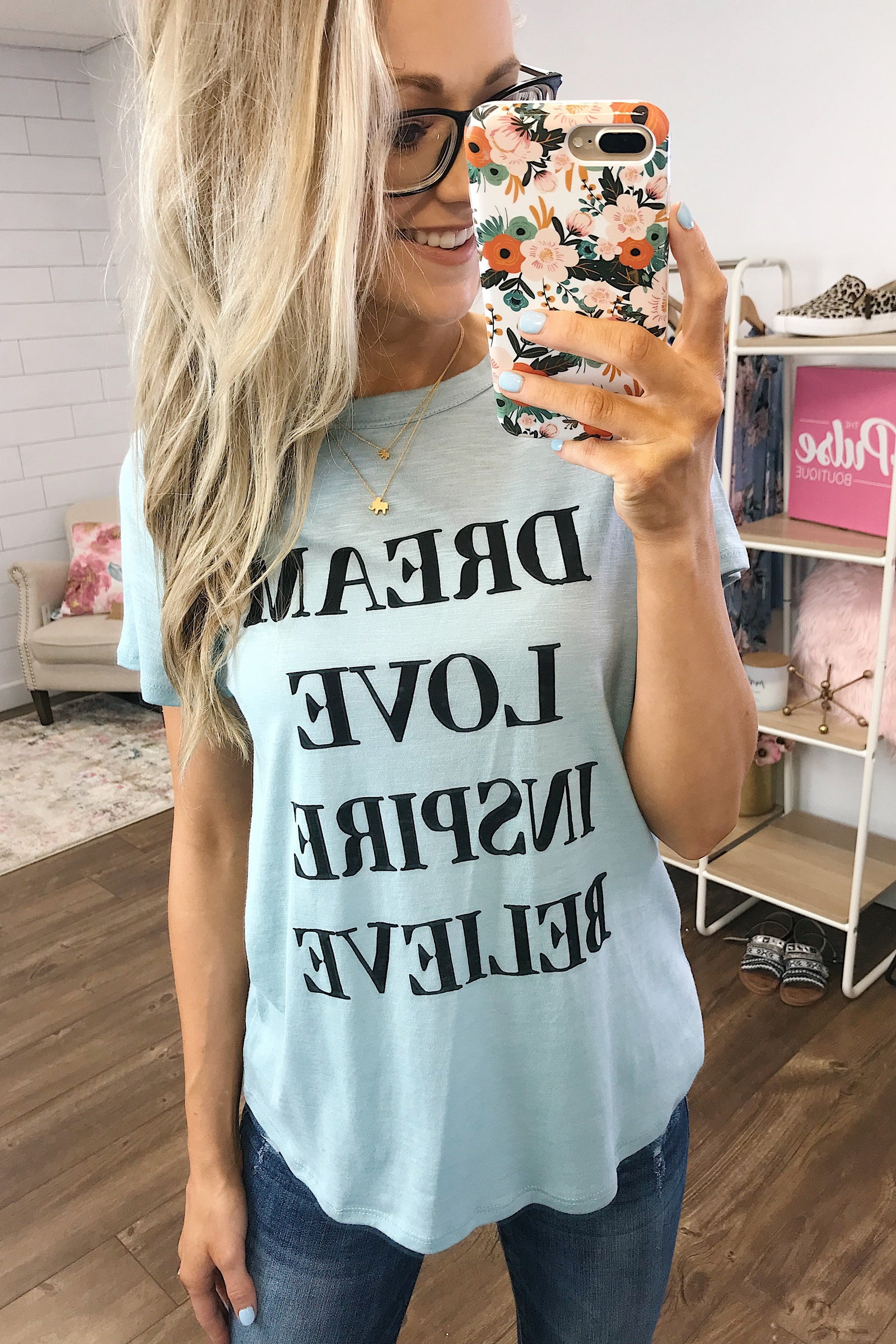 Dream, Love, Inspire, Believe Graphic Tee- Powder Blue