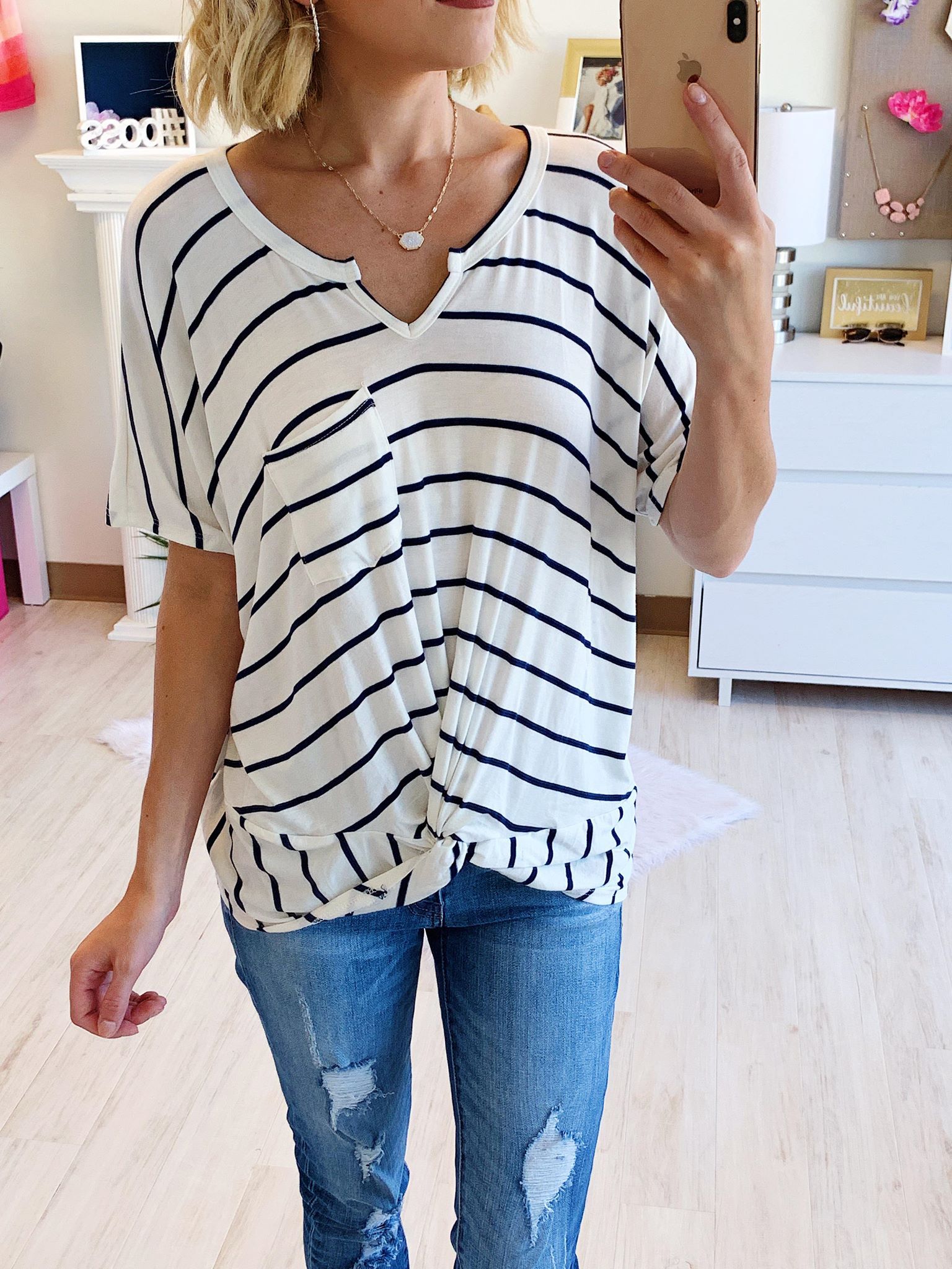 Love Has A Way Short Sleeve Dolman Top- Ivory & Navy