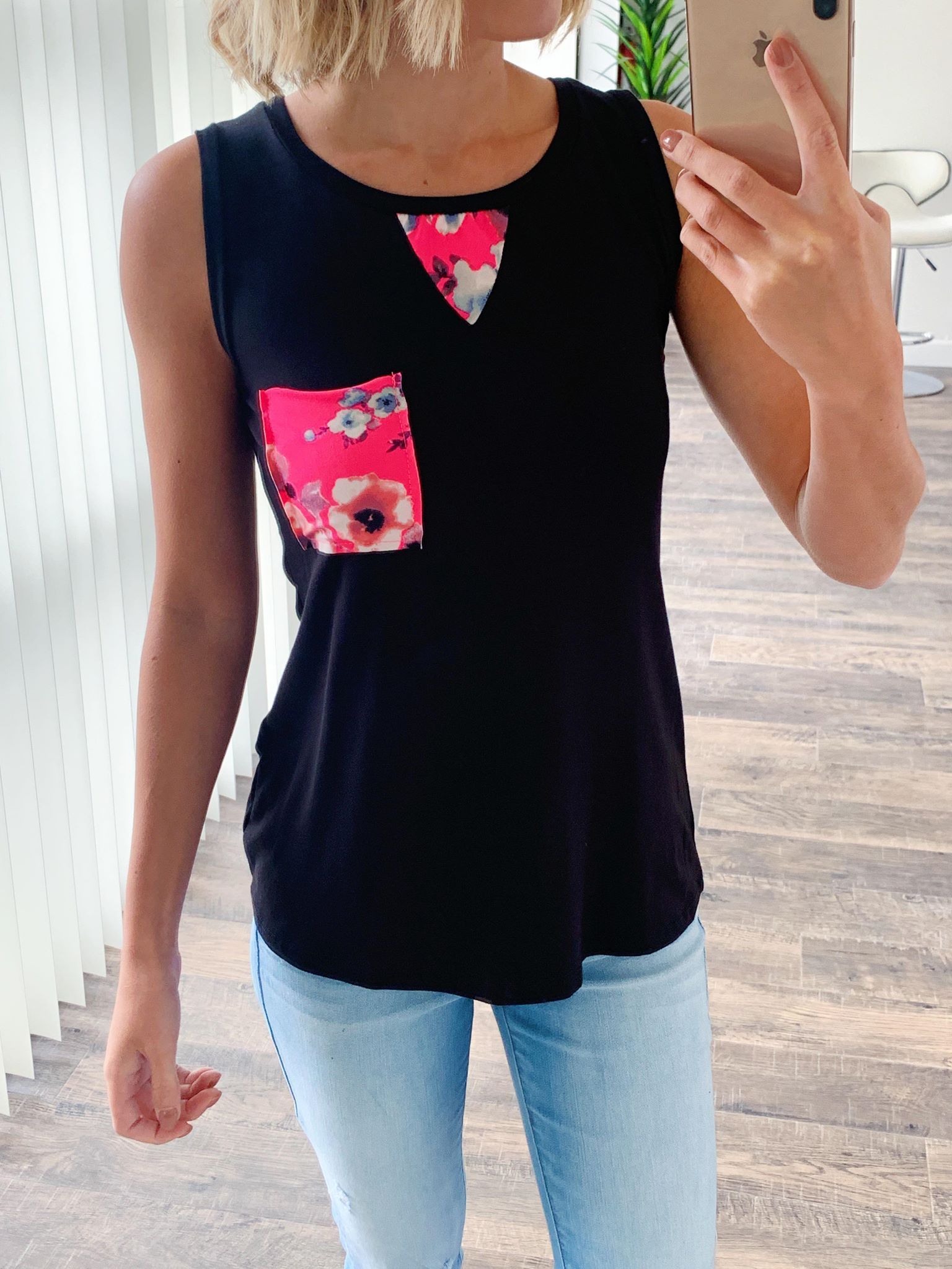 What's Next Floral Pocket Tank Top- Black & Neon Pink