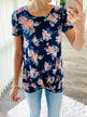 Sing With Me Floral Short Sleeve Knot Top- Navy