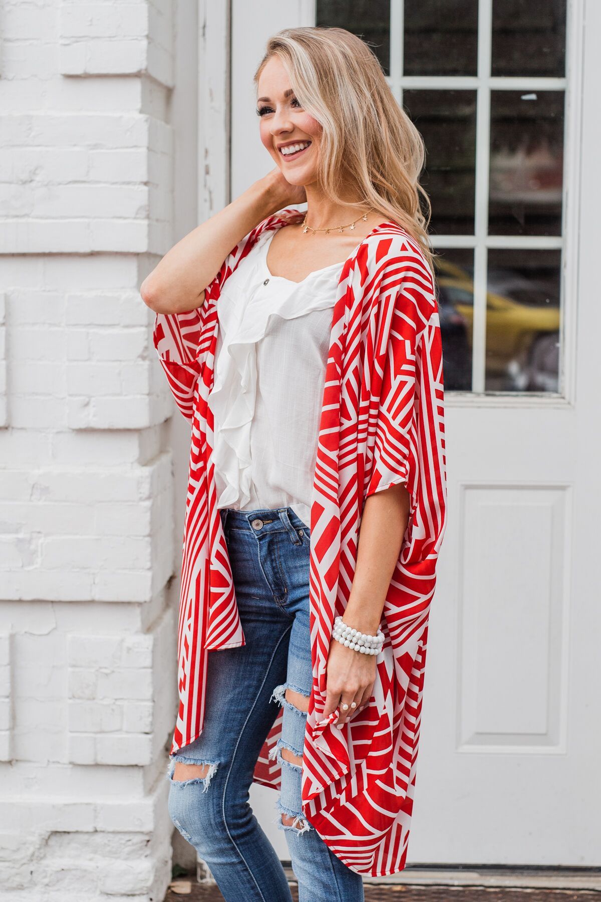 Radiant in Red Short Sleeve Kimono- Ivory