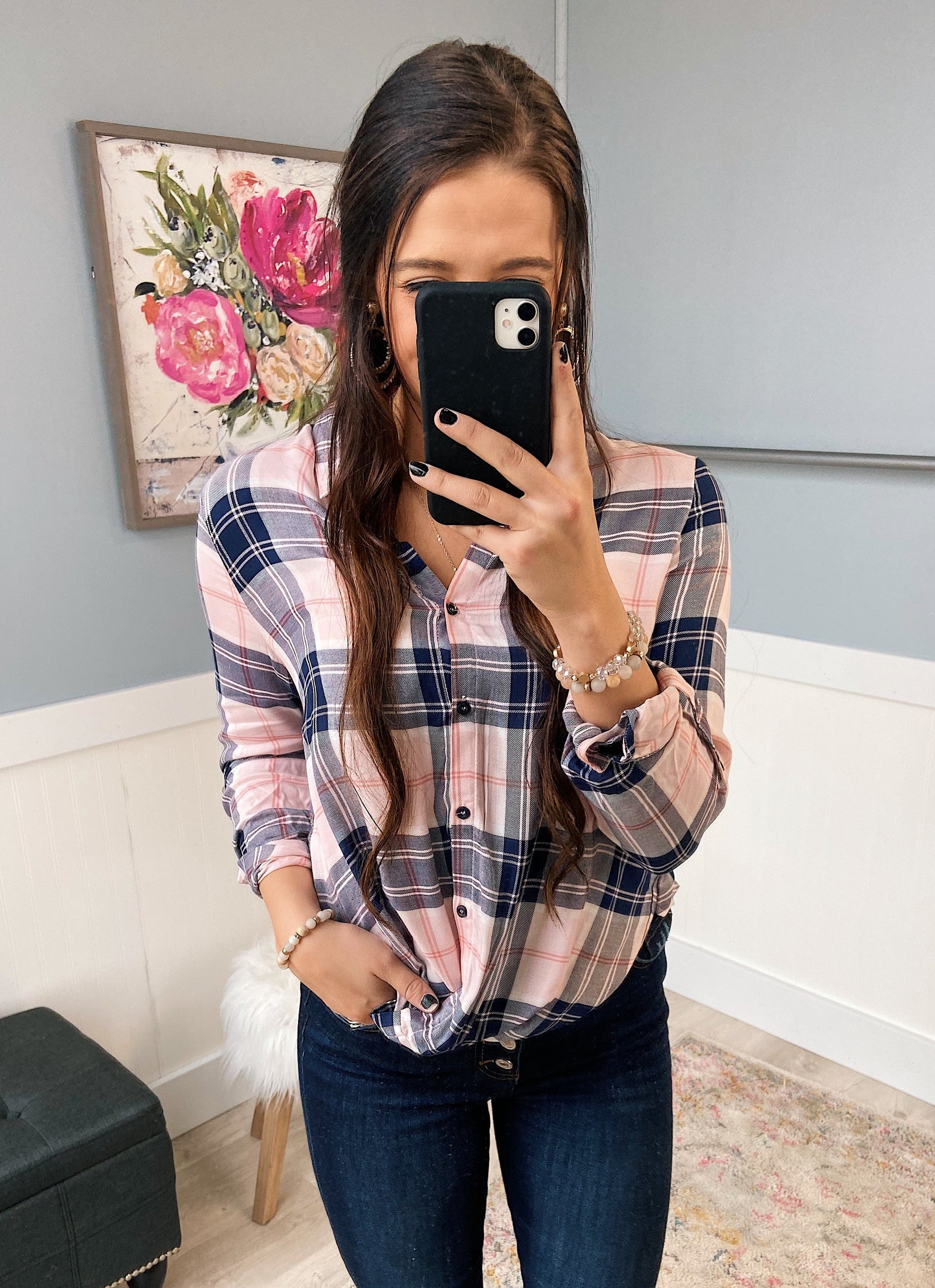Front Twist Plaid Top- Pink & Navy