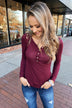 Lace Back 5-Button Henley Top- Burgundy