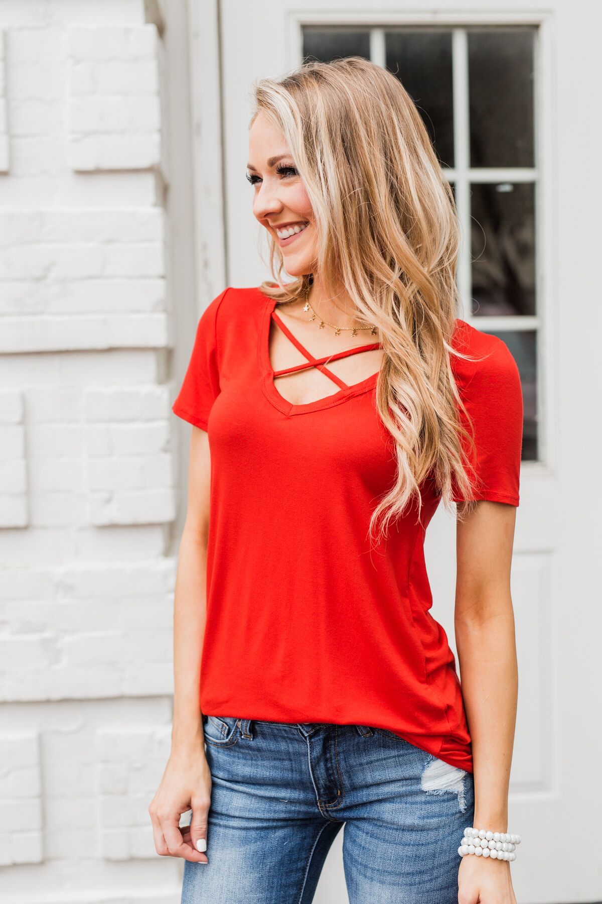 Meet Me Here Short Sleeve Top- Scarlet Red