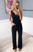 Sleeveless V-Neck Drawstring Jumpsuit- Black