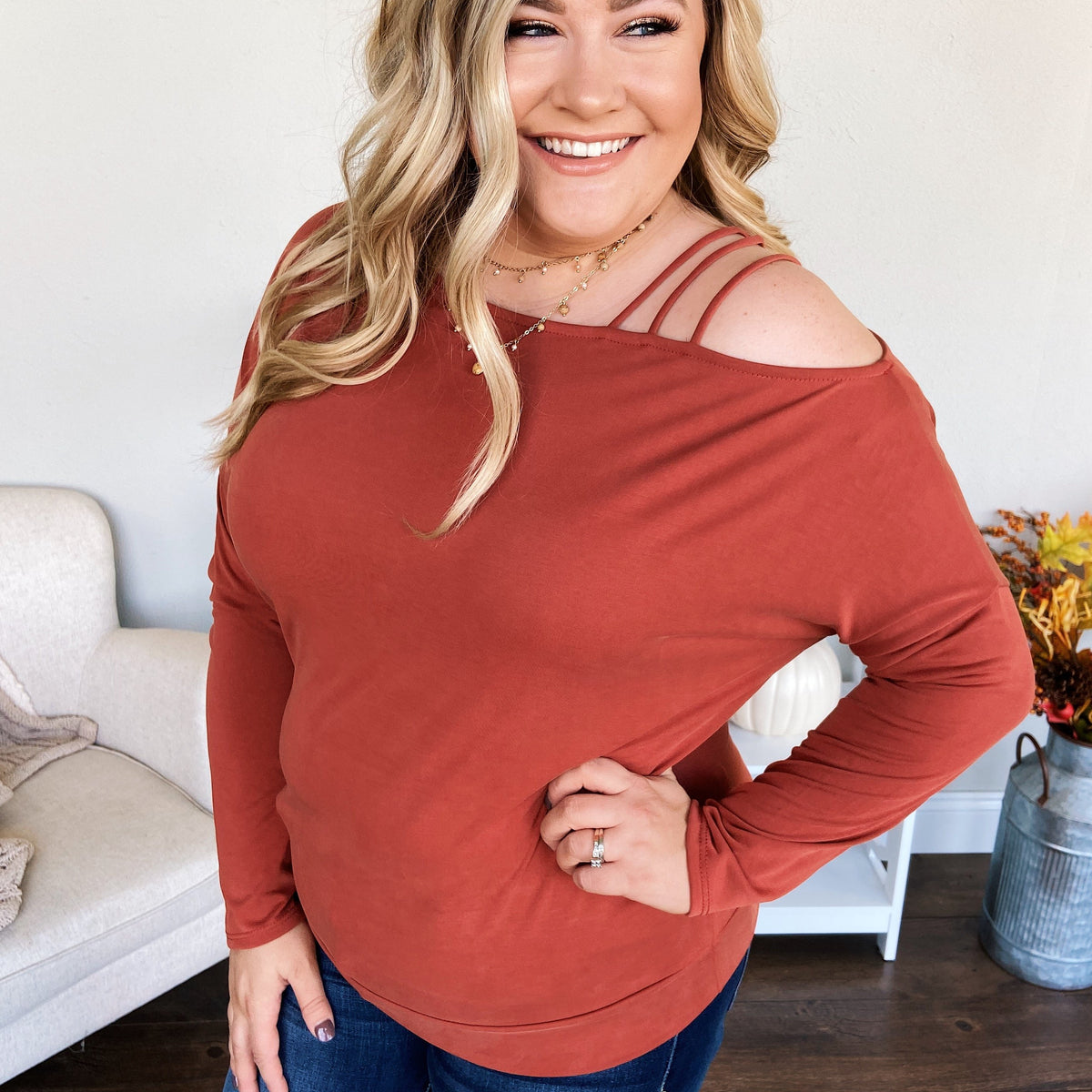 Something New Cold Shoulder Top- Soft Rust – The Pulse Boutique