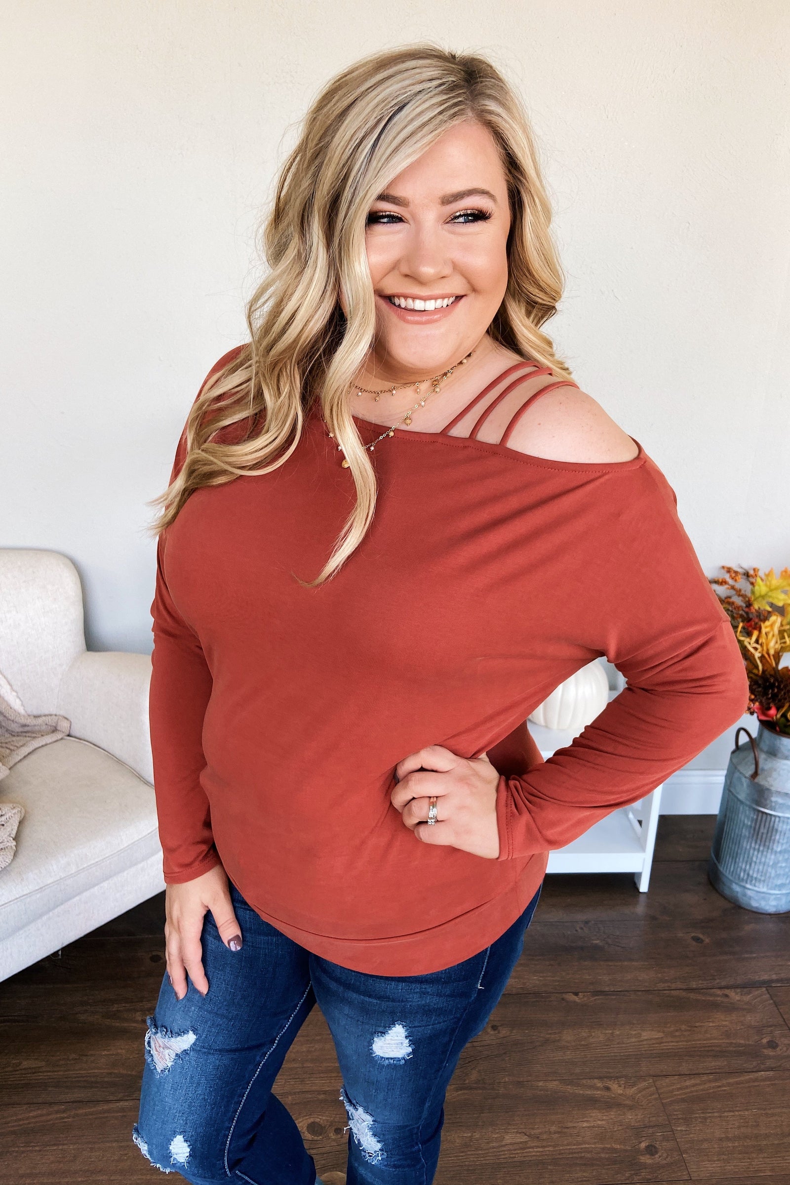Something New Cold Shoulder Top- Soft Rust