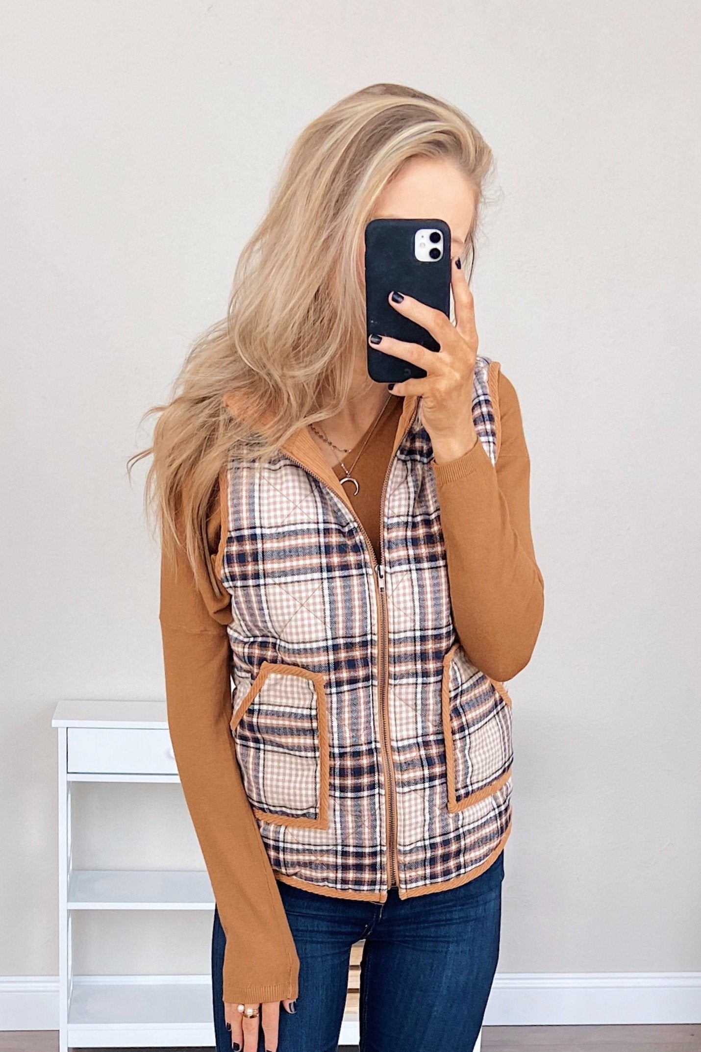 Quilted Plaid Puffer Vest- Camel & Navy