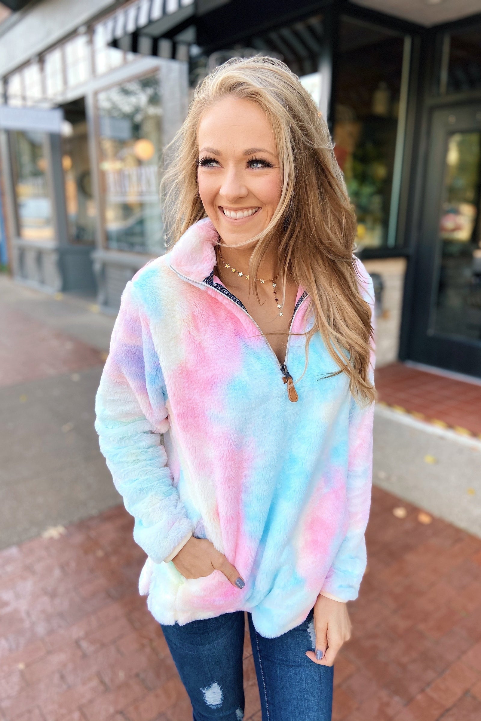 Quarter Zip Tie Dye Sherpa- Cotton Candy