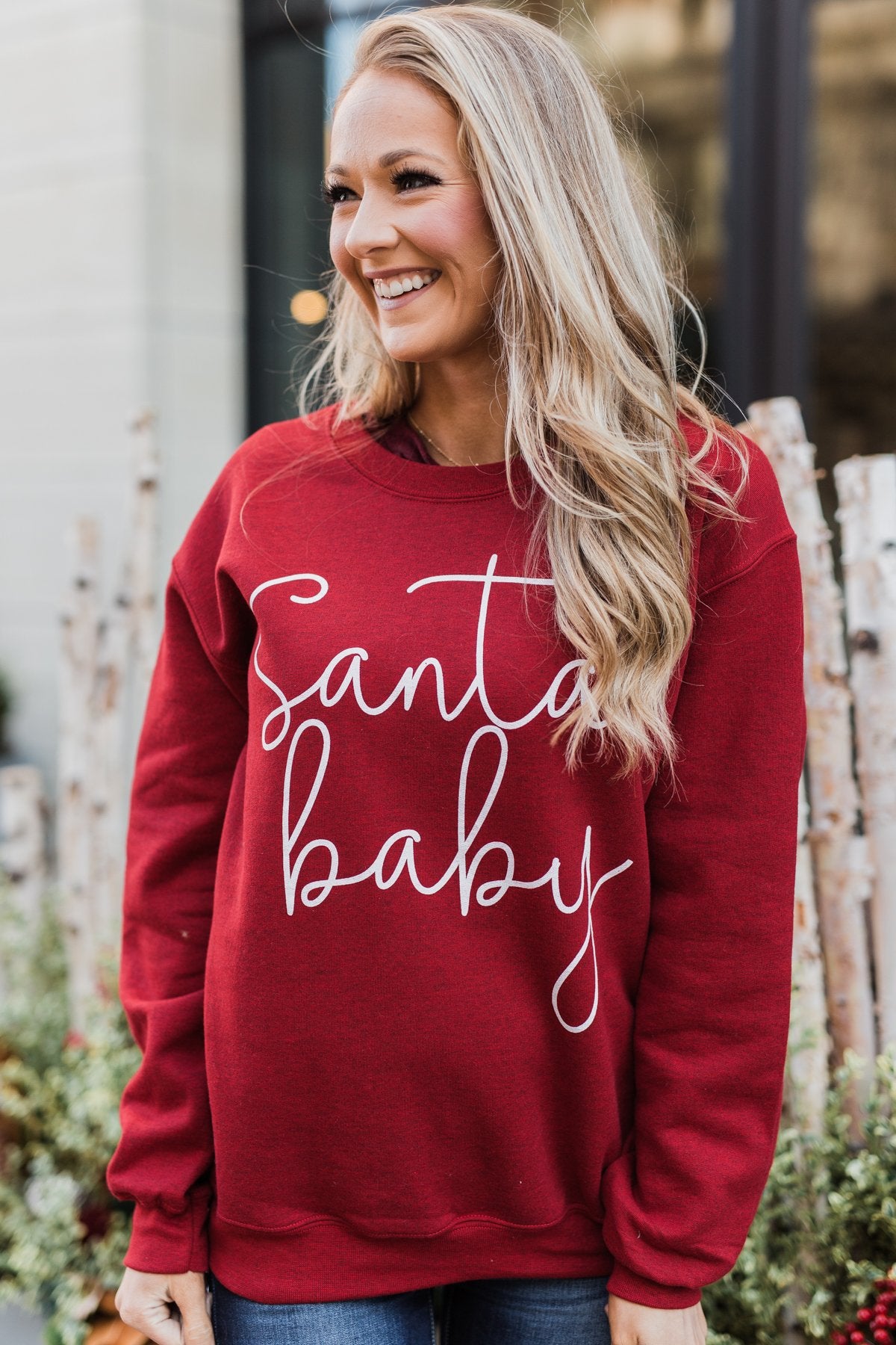 "Santa Baby" Graphic Pullover- Holiday Red