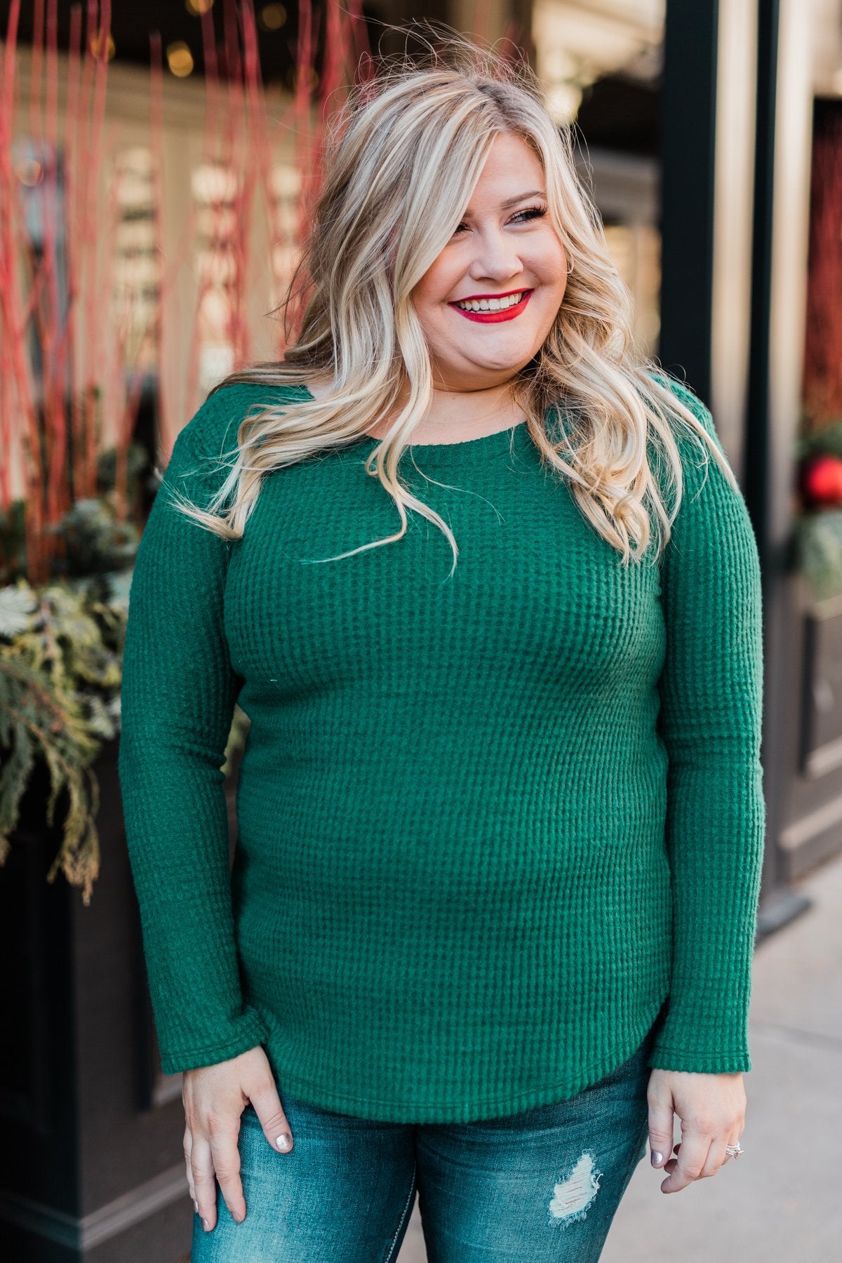 Be With You Waffle Knit Top- Hunter Green