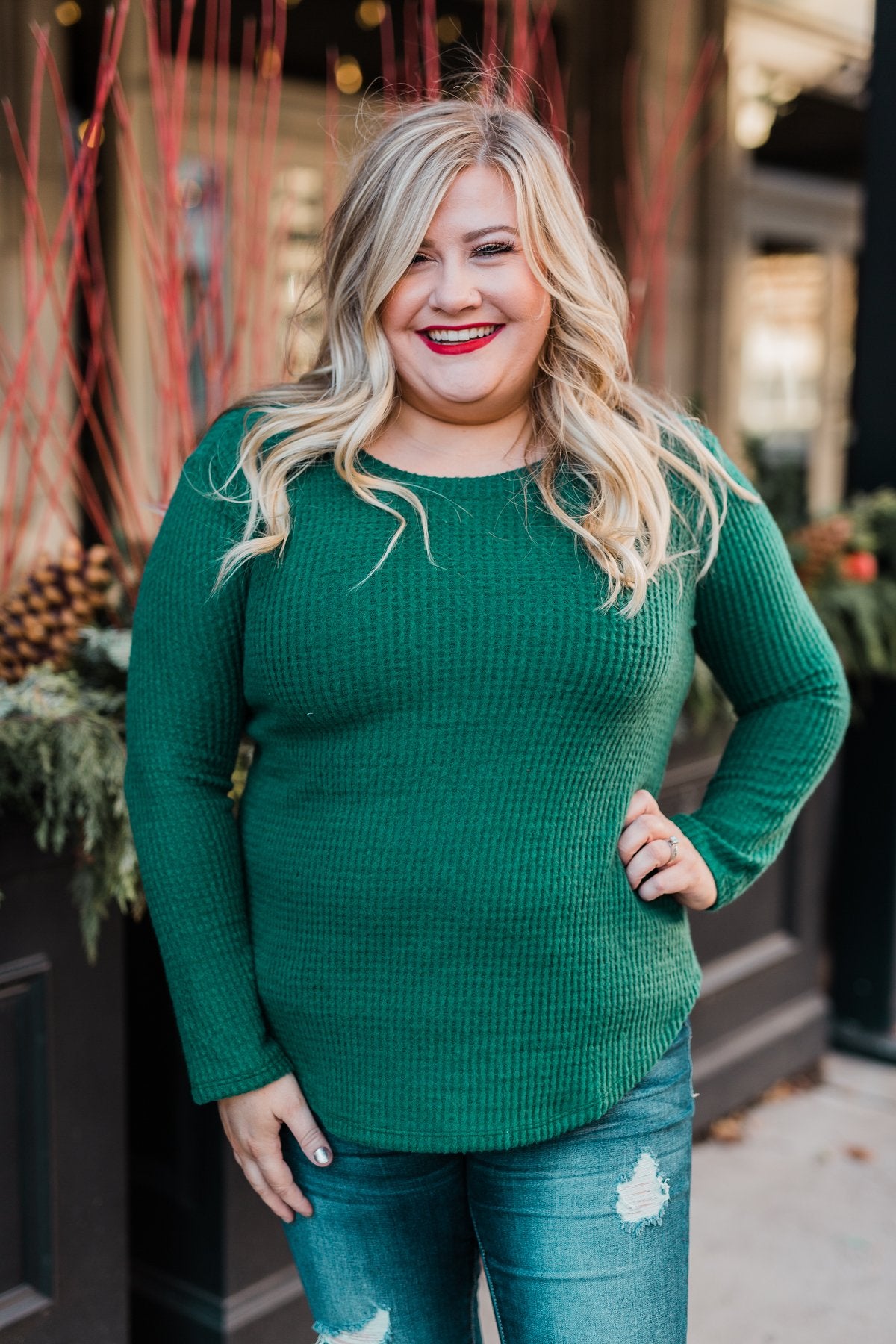 Be With You Waffle Knit Top- Hunter Green