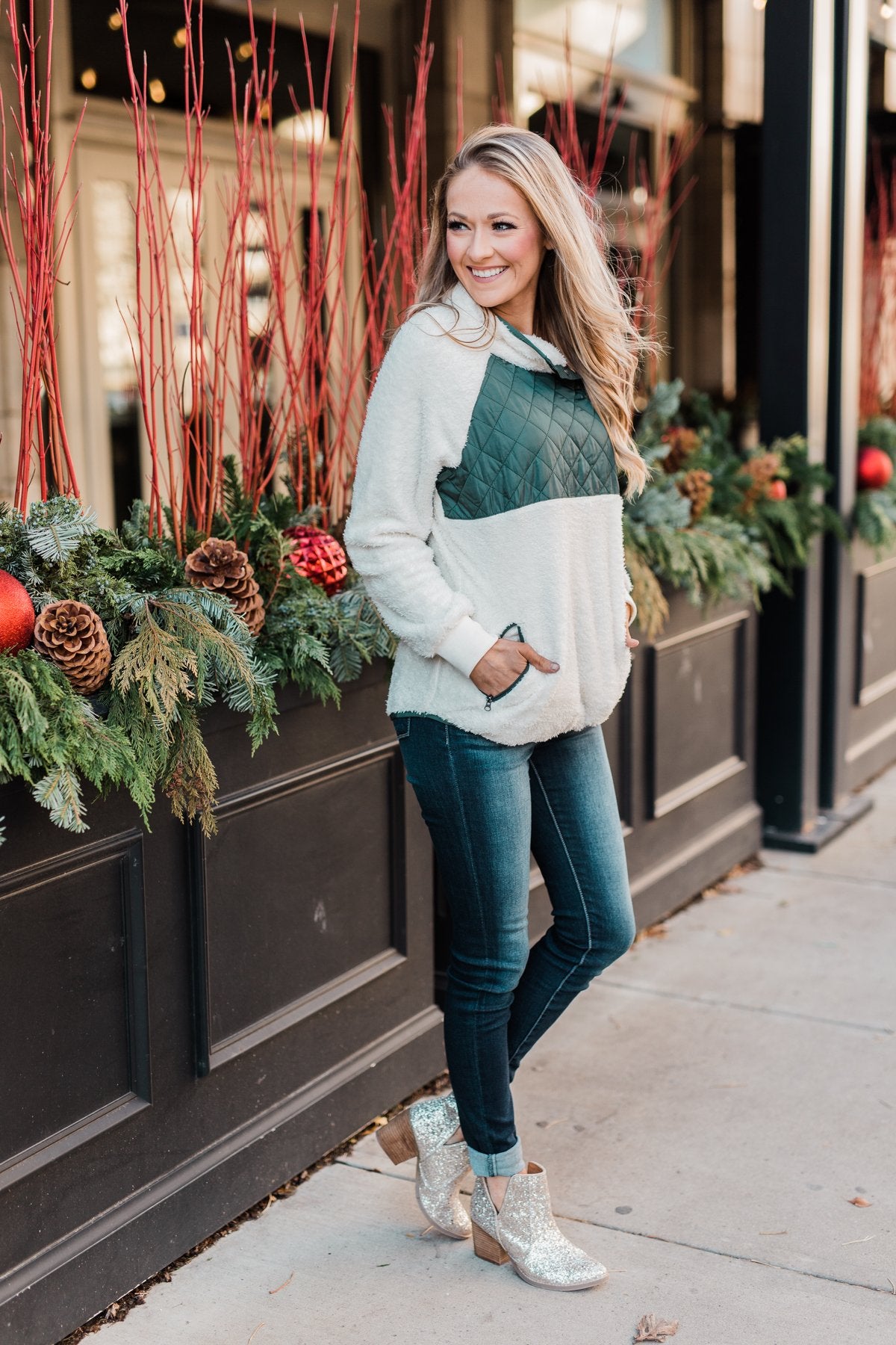 Quilted Sherpa Pullover Ivory Hunter Green The Pulse Boutique