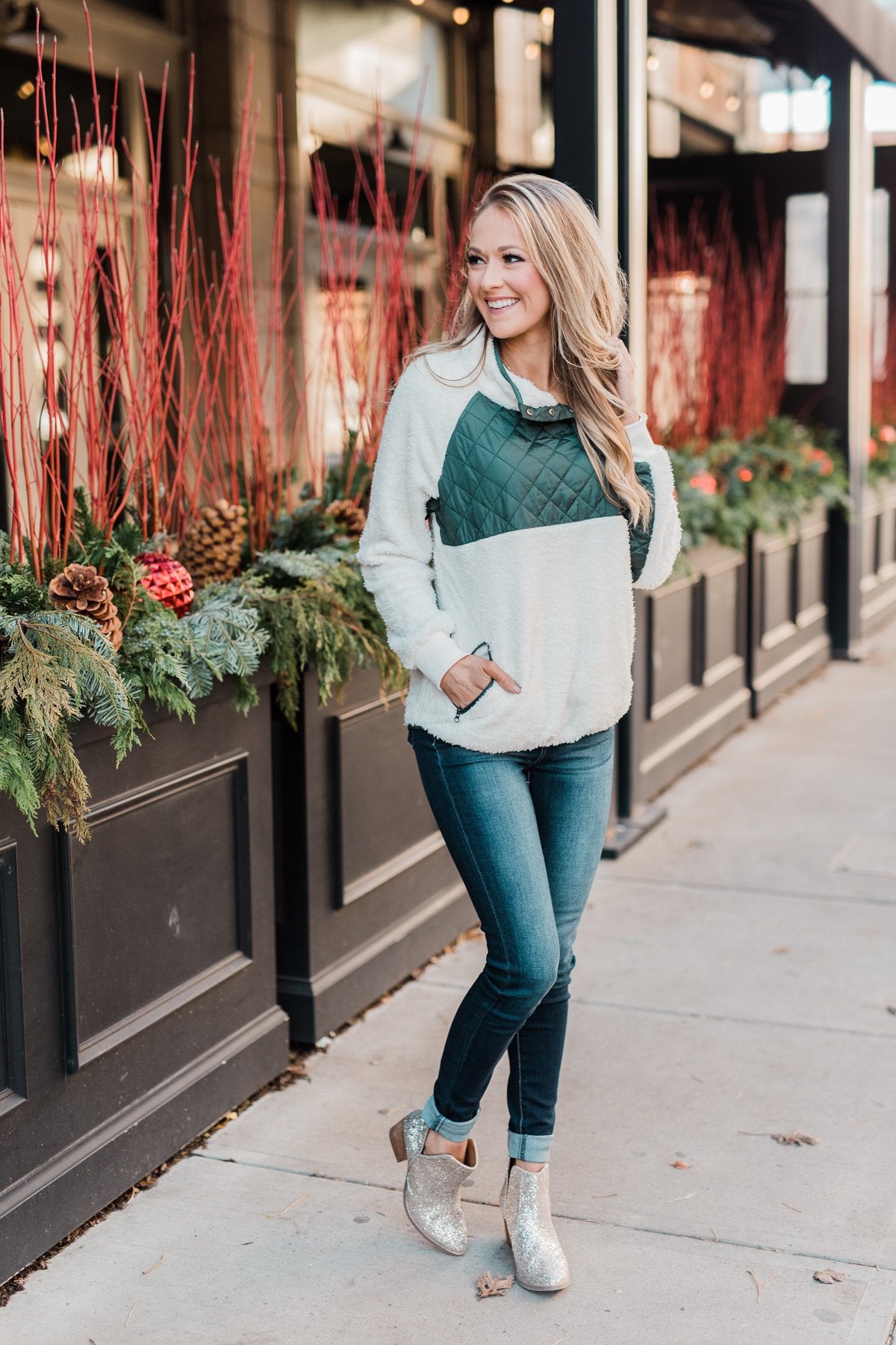 Quilted Sherpa Pullover Ivory Hunter Green The Pulse Boutique