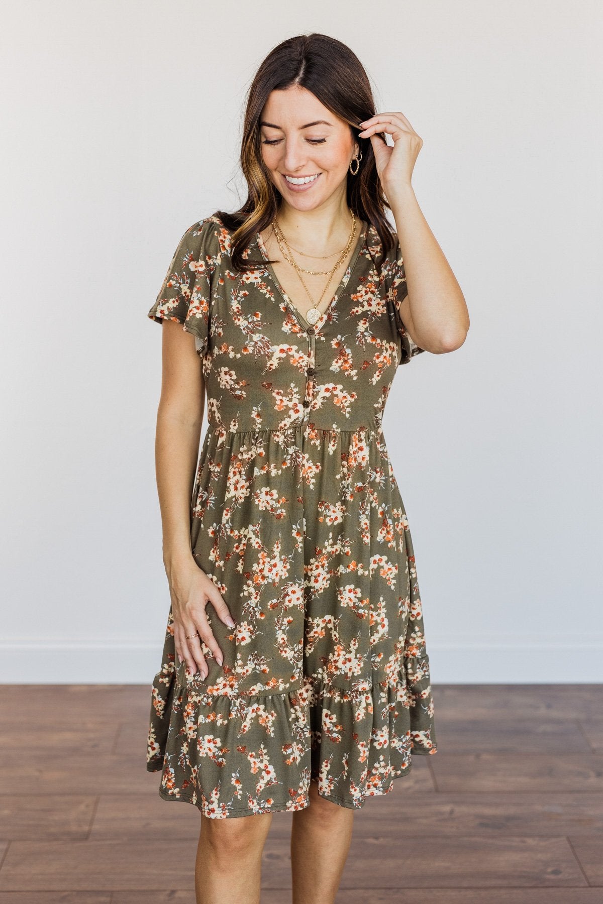 Having Fun Floral Print Dress- Olive Having Fun Floral Print Dress- Olive
