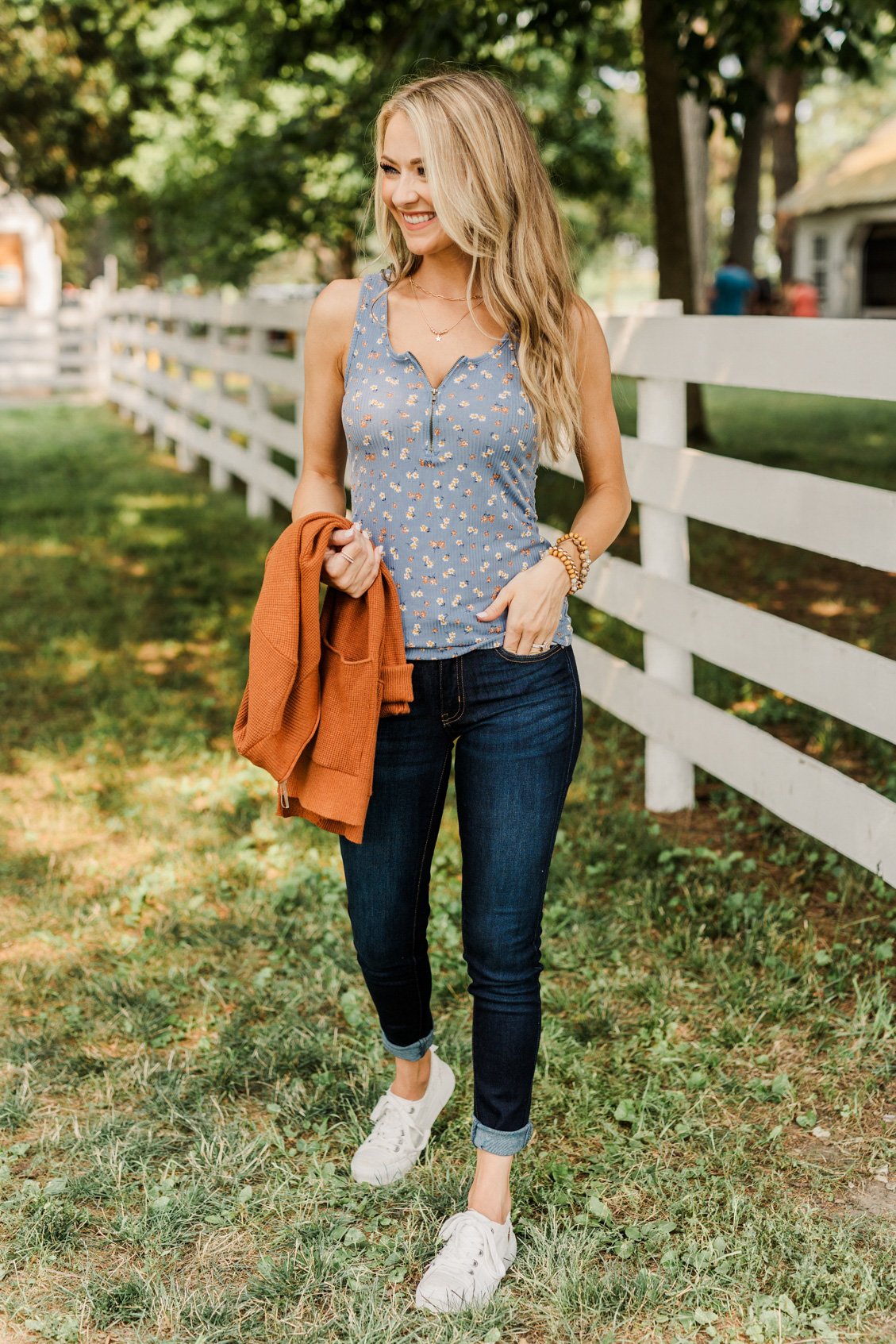 Everlasting Moments Floral Zipper Henley Tank Top- Denim Blue