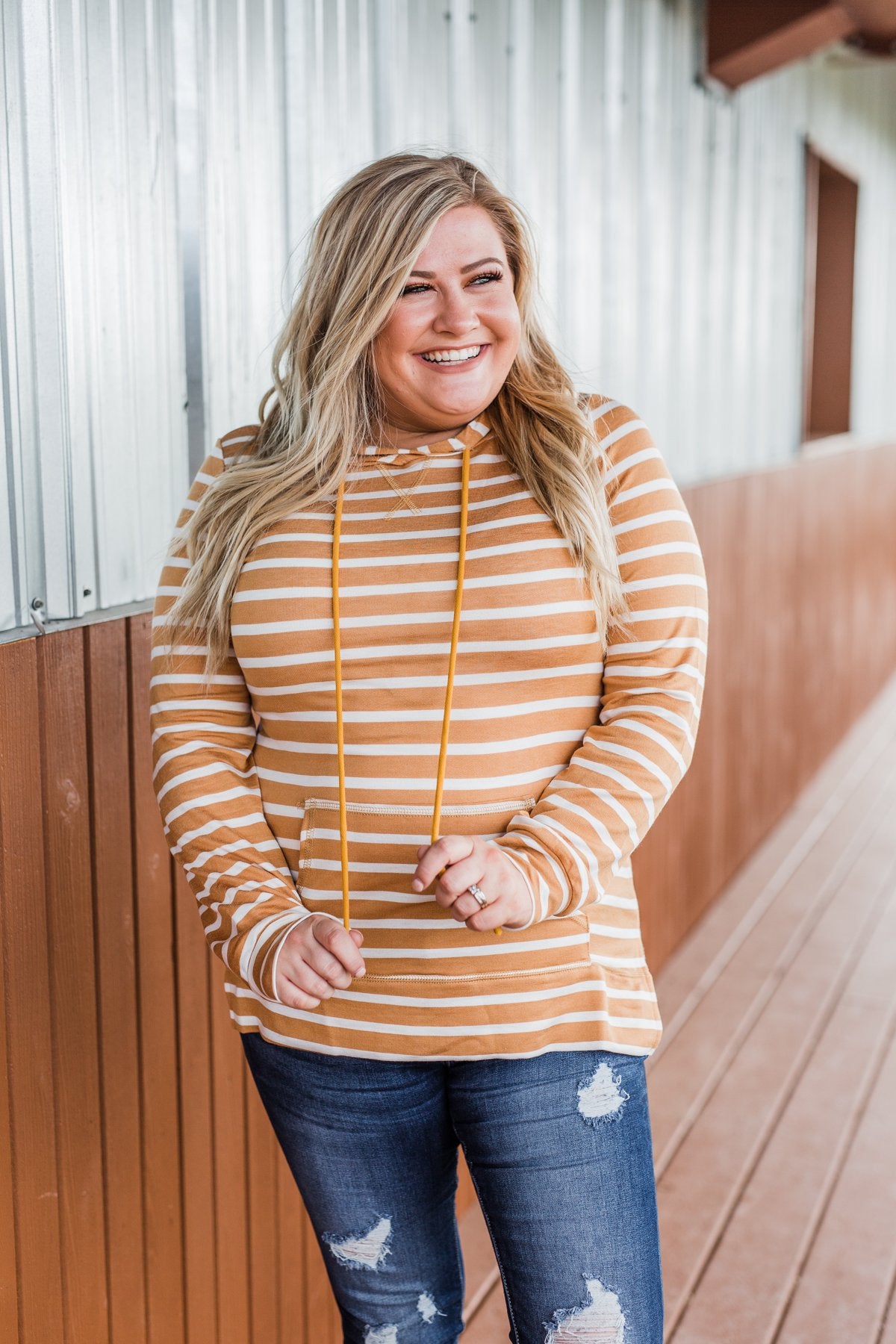 A Sure Thing Striped Tunic Hoodie- Dark Mustard & Ivory