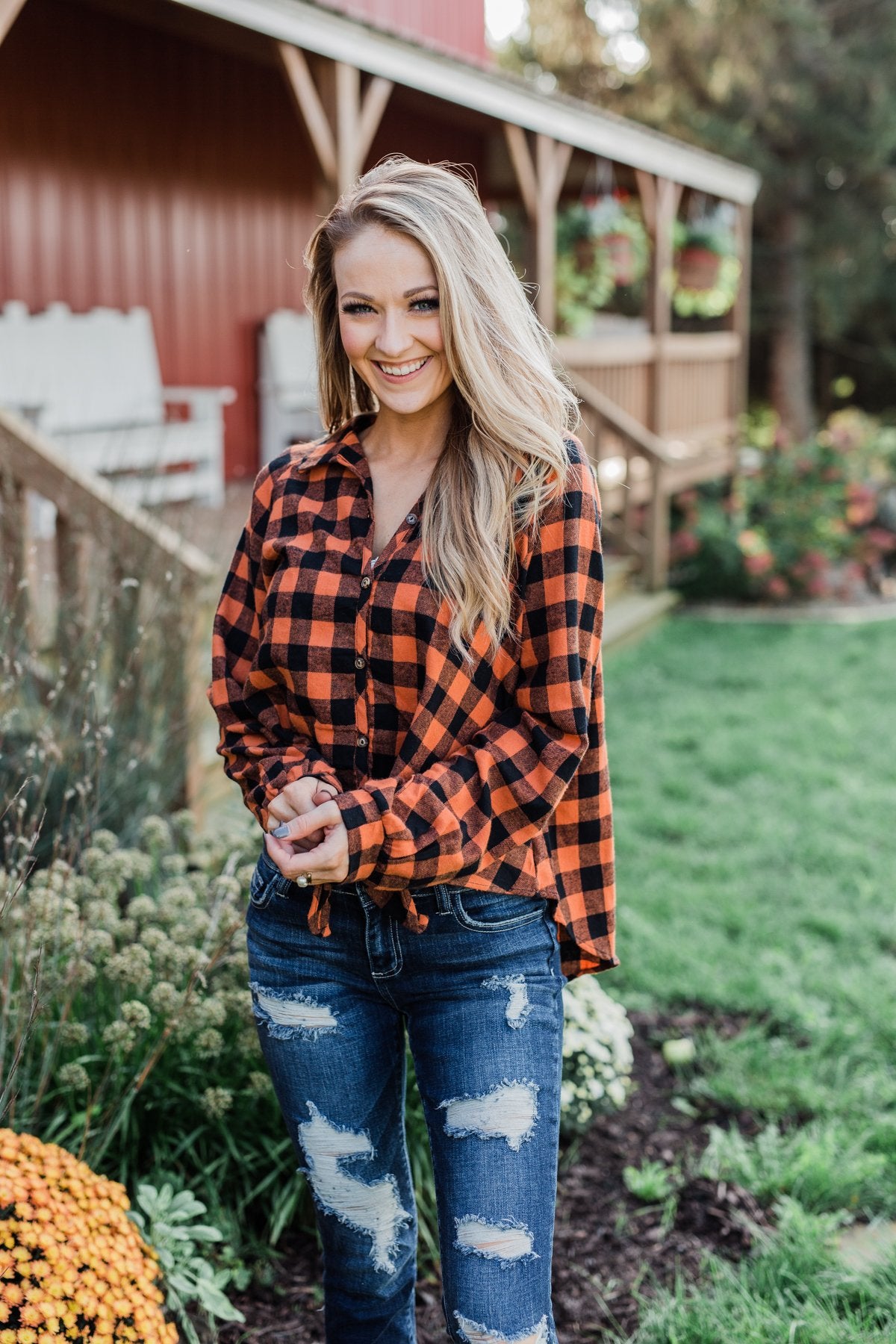 Takes Me Back Front Tie Plaid Top- Burnt Orange