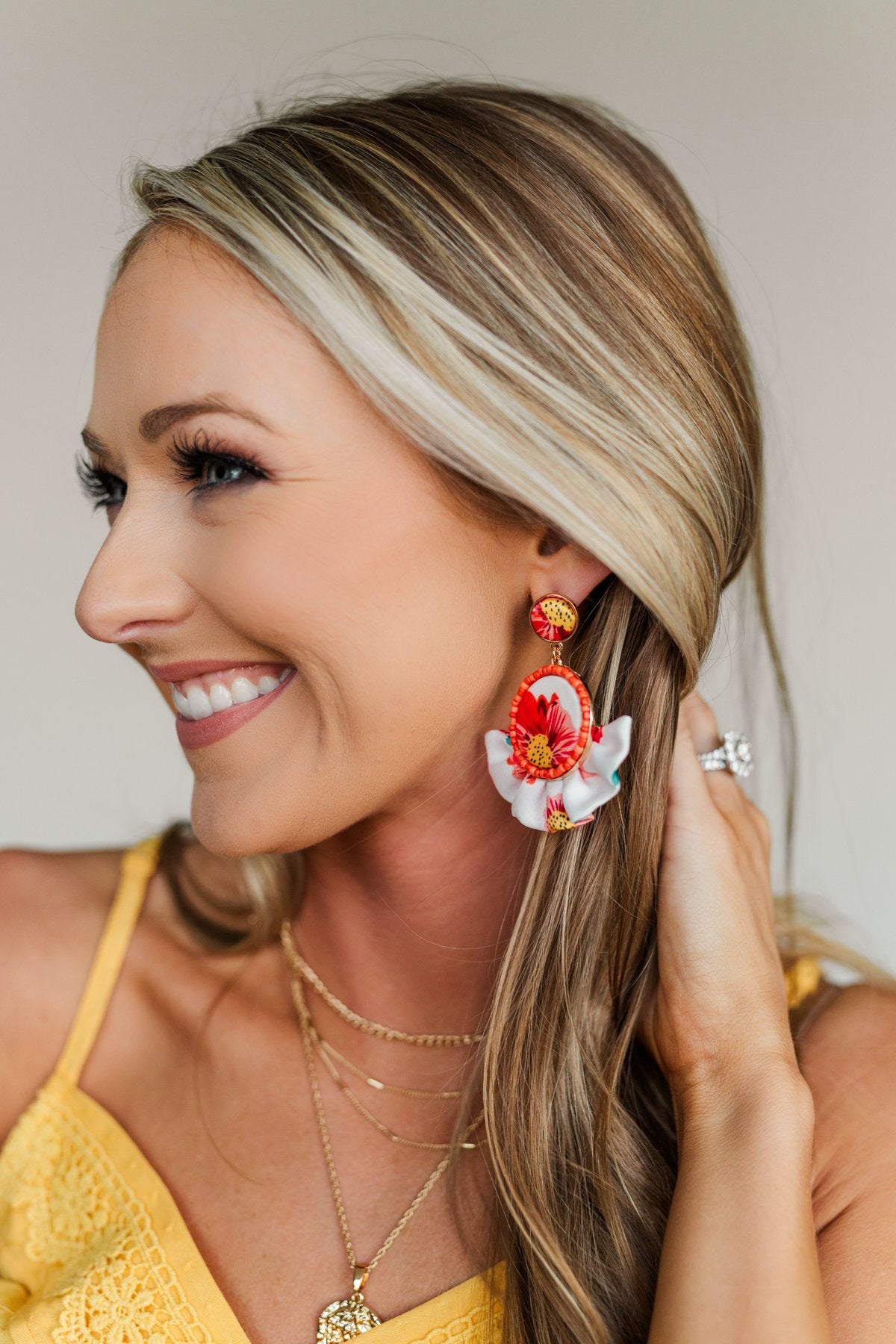 Ruffle Flare Dangle Earrings- White & Coral