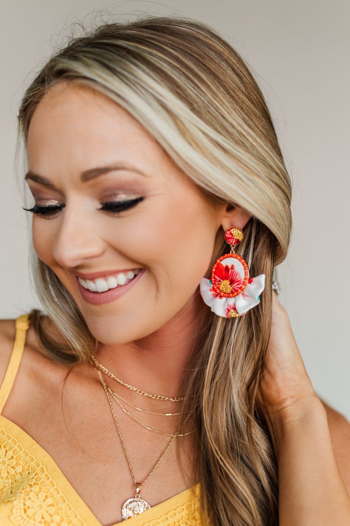 Ruffle Flare Dangle Earrings- White & Coral