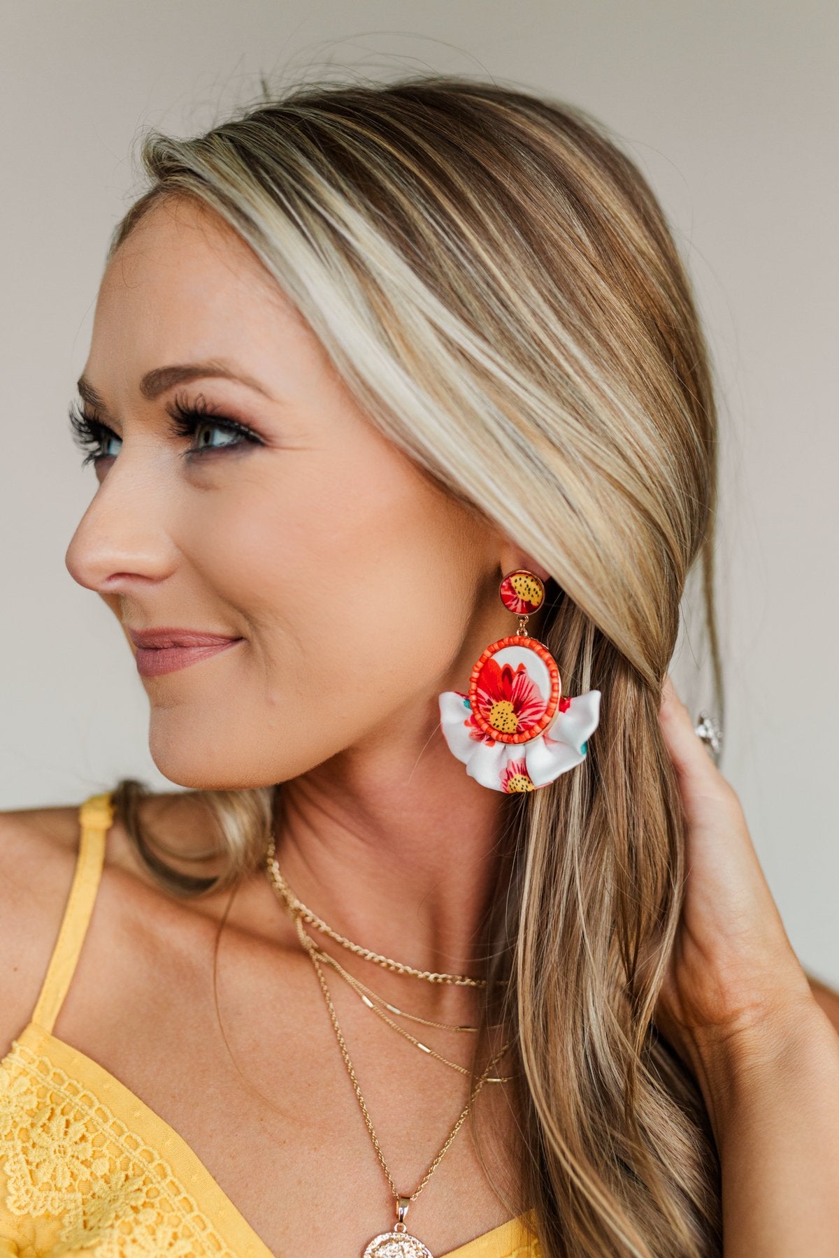 Ruffle Flare Dangle Earrings- White & Coral