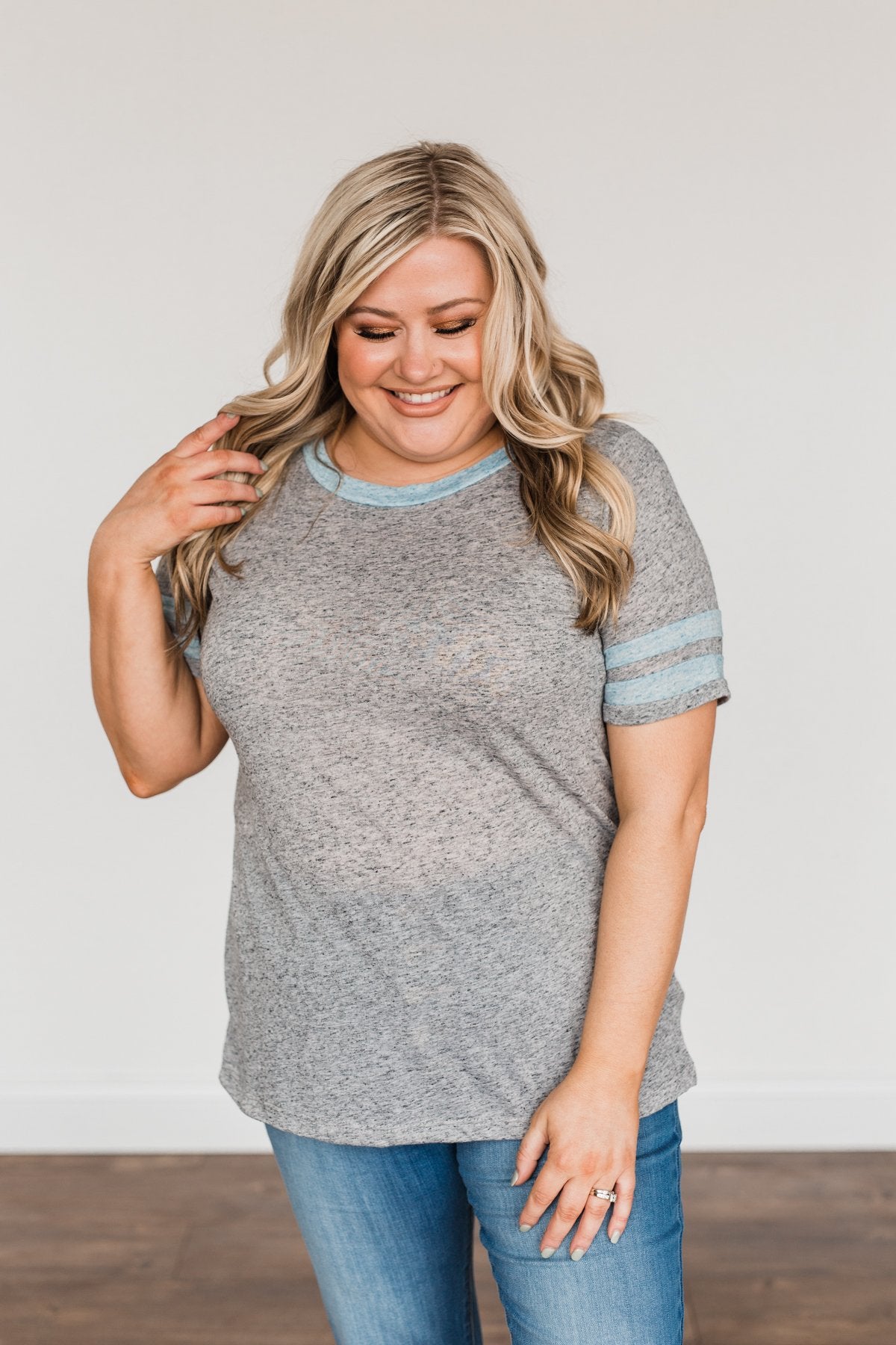 Morning Blessings Varsity Stripe Top- Heathered Grey & Blue