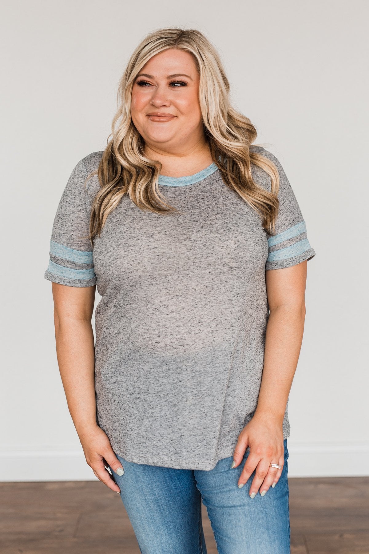 Morning Blessings Varsity Stripe Top- Heathered Grey & Blue