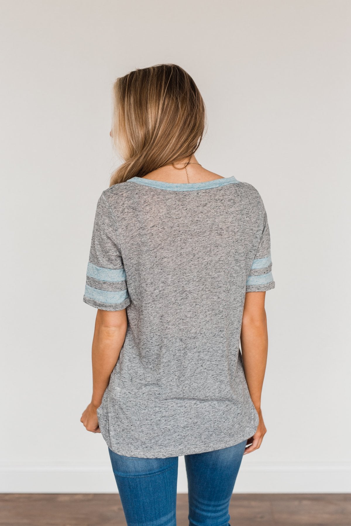 Morning Blessings Varsity Stripe Top- Heathered Grey & Blue
