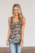 Cute By Nature Zipper Henley Tank- Camo