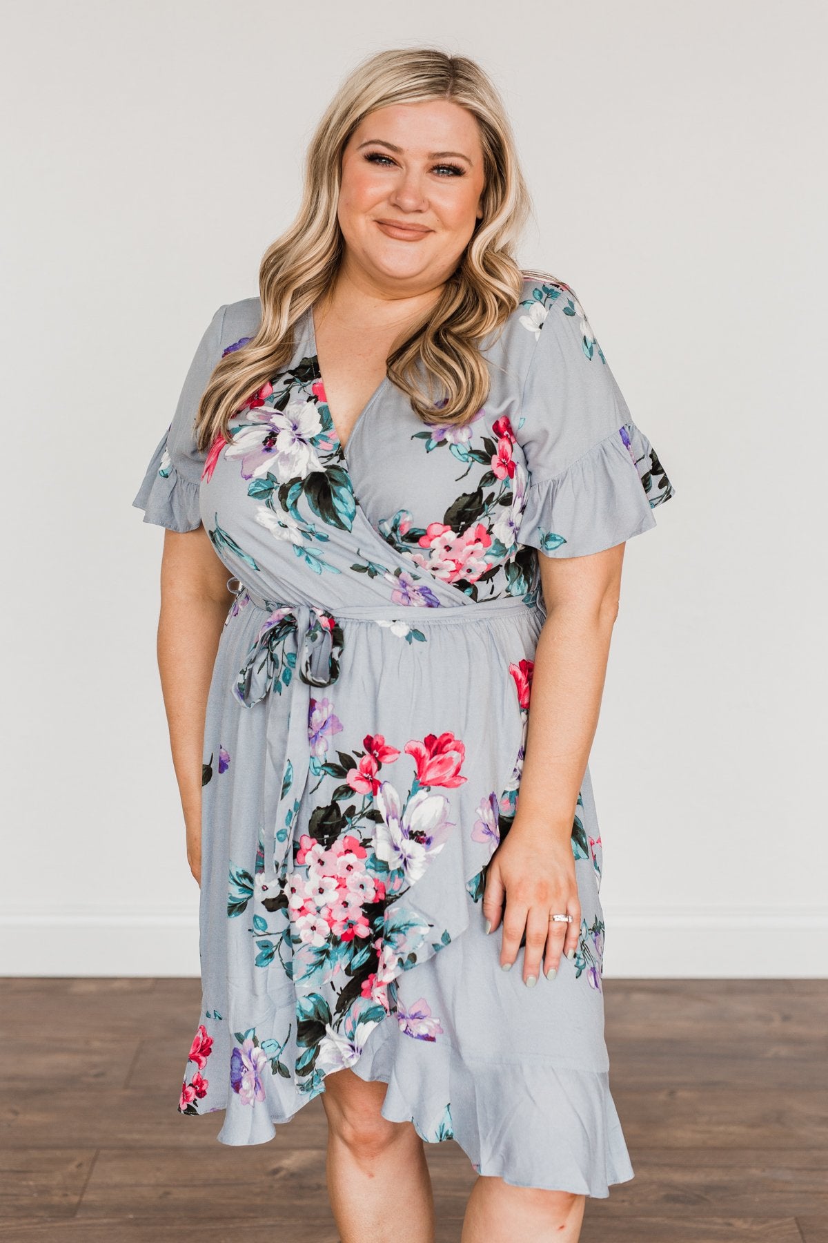 You're My Treasure Floral Wrap Dress- Grey