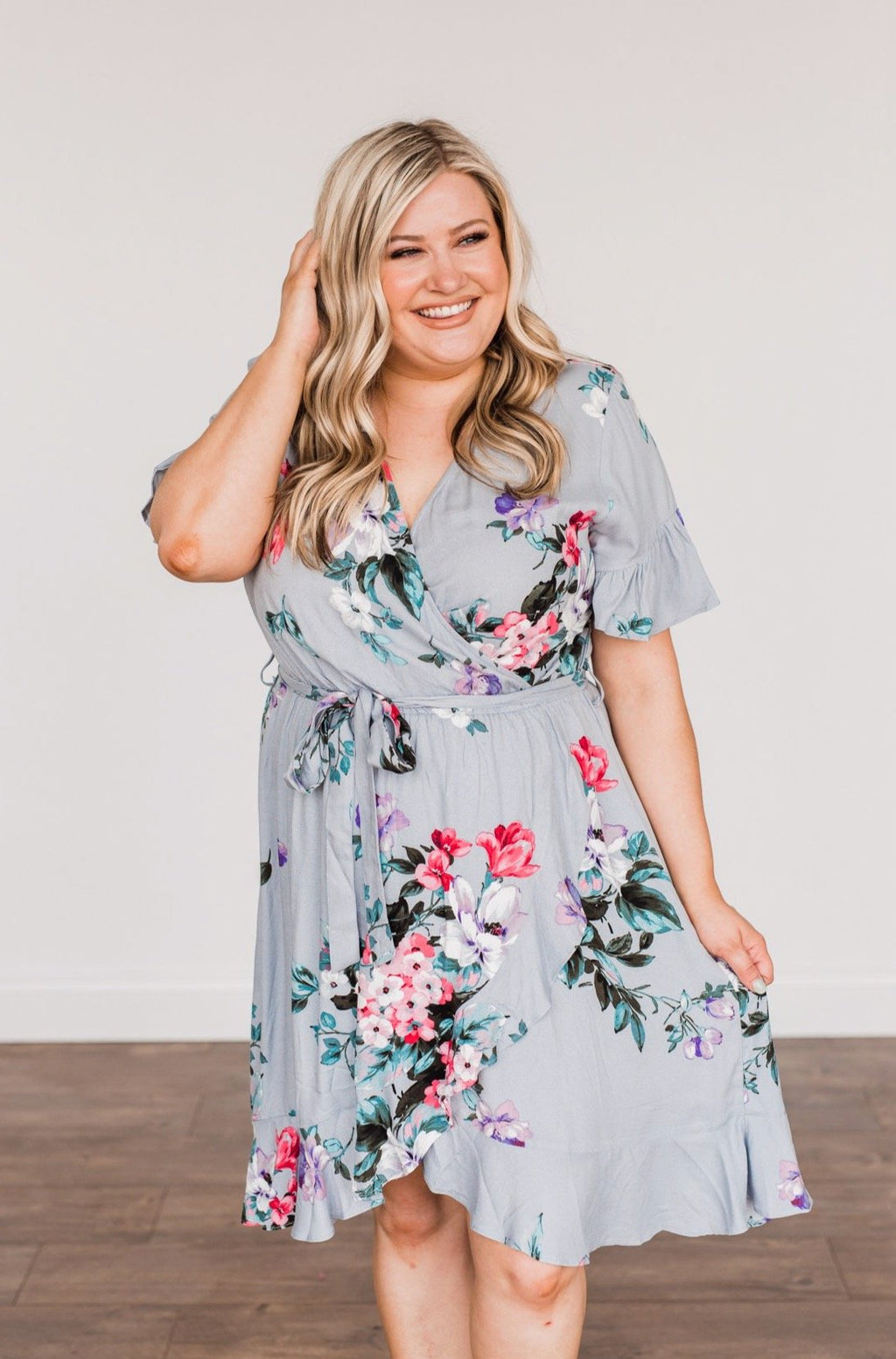 grey floral wrap dress You're My Treasure Dress- belted outfit for brunch