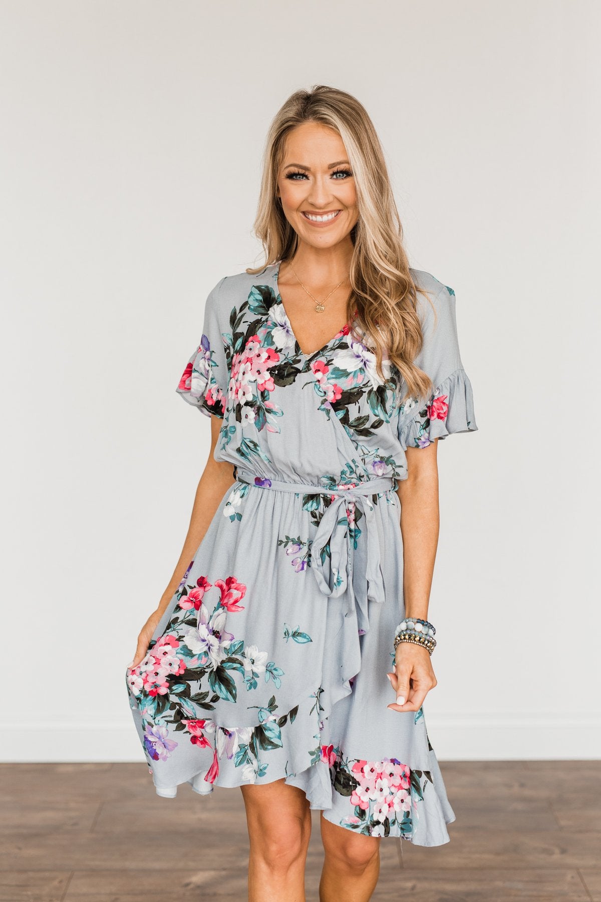 Grey floral wrap dress outlet