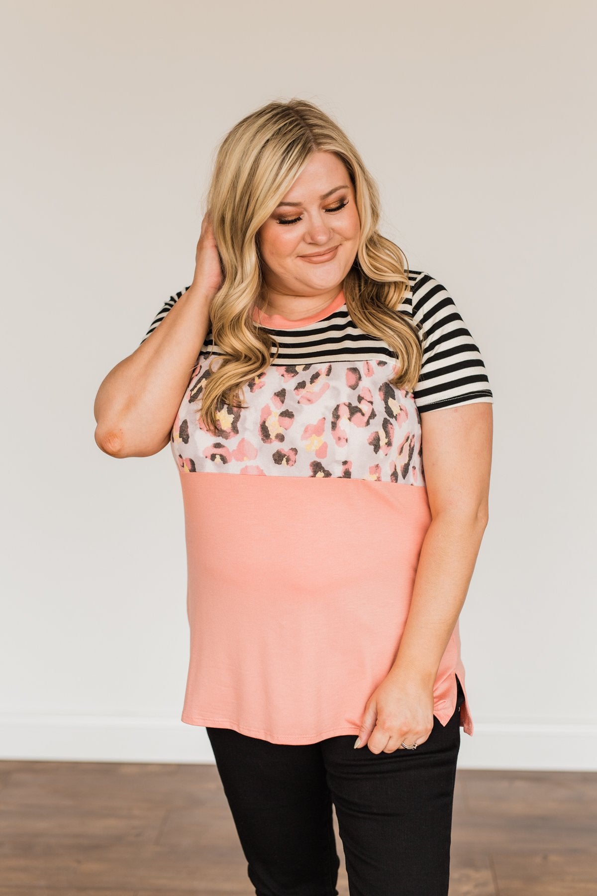 Always Alluring Color Block Top- Soft Coral, Ivory, & Black