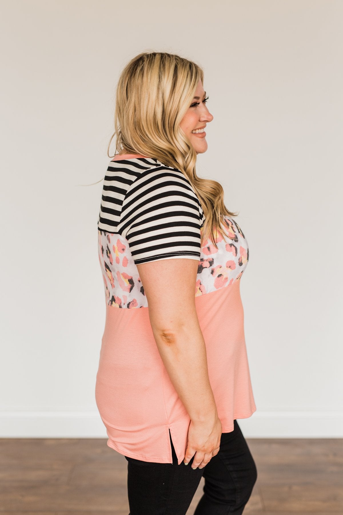 Always Alluring Color Block Top- Soft Coral, Ivory, & Black