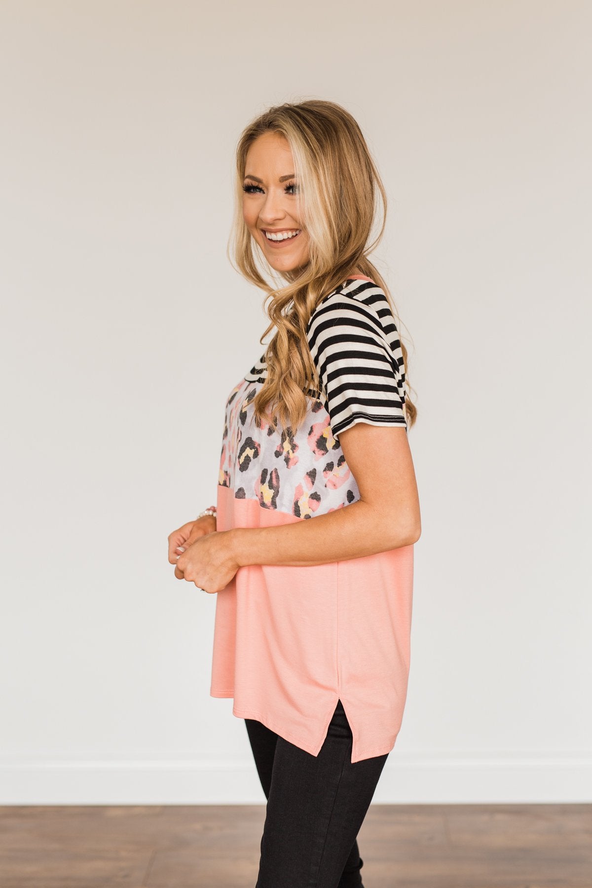 Always Alluring Color Block Top- Soft Coral, Ivory, & Black