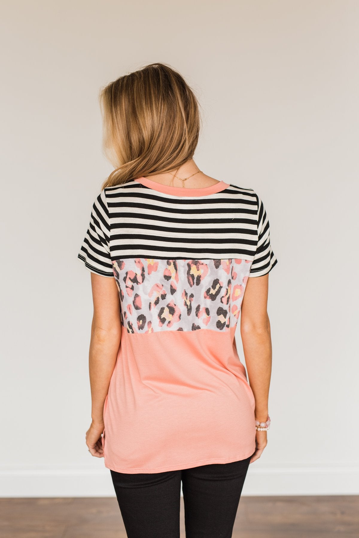 Always Alluring Color Block Top- Soft Coral, Ivory, & Black