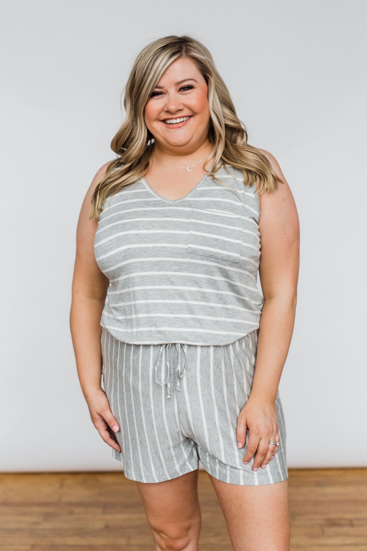 Sleeveless Striped Drawstring Romper- Heather Grey & Ivory