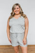 Sleeveless Striped Drawstring Romper- Heather Grey & Ivory