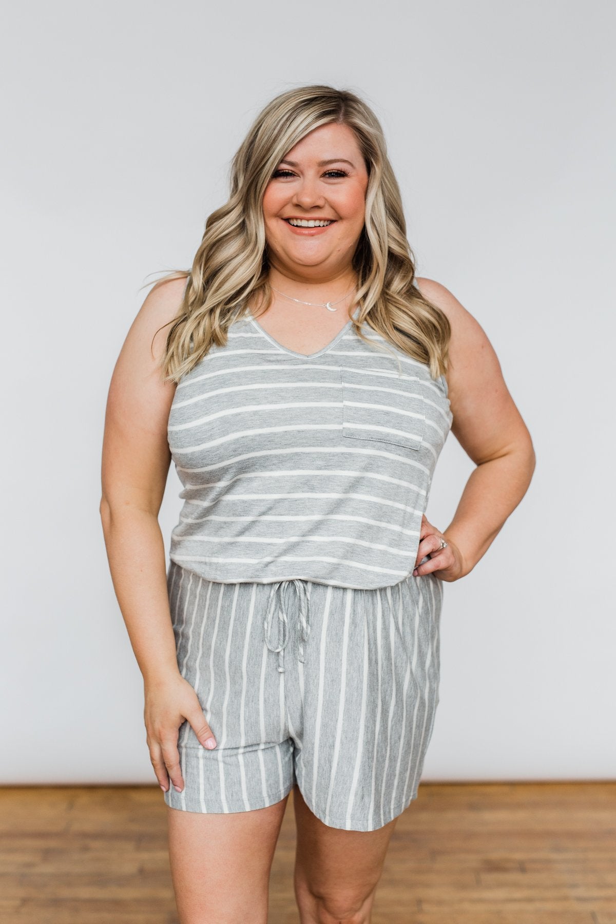 Sleeveless Striped Drawstring Romper- Heather Grey & Ivory