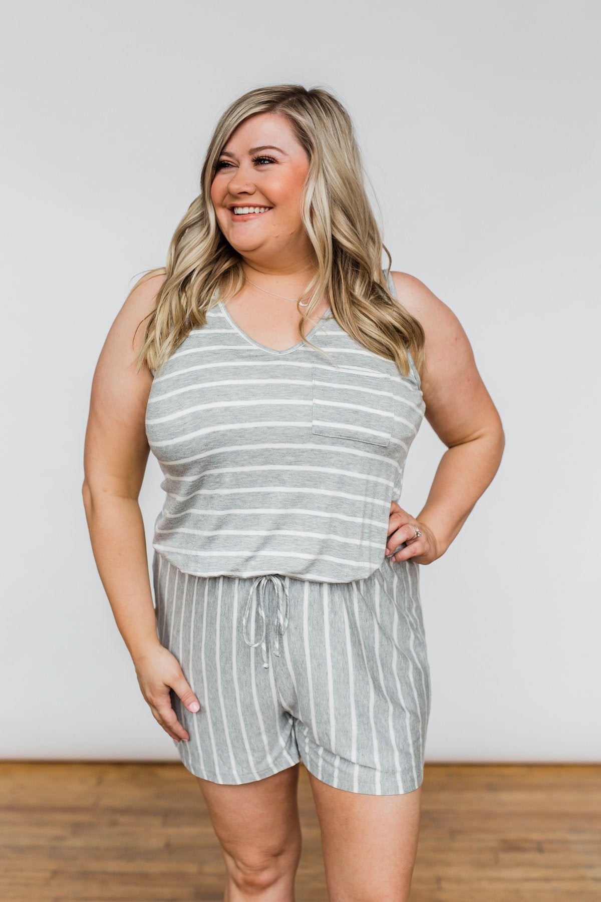 Sleeveless Striped Drawstring Romper- Heather Grey & Ivory
