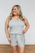 Sleeveless Striped Drawstring Romper- Heather Grey & Ivory