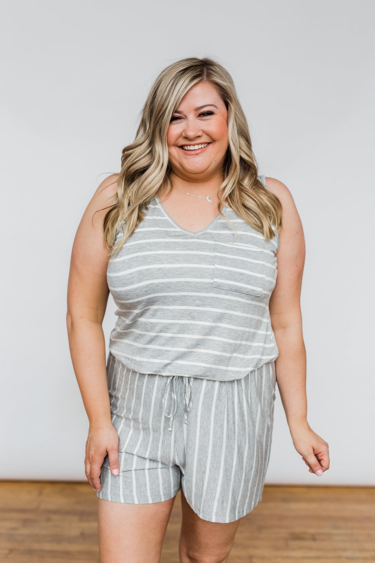 Sleeveless Striped Drawstring Romper- Heather Grey & Ivory